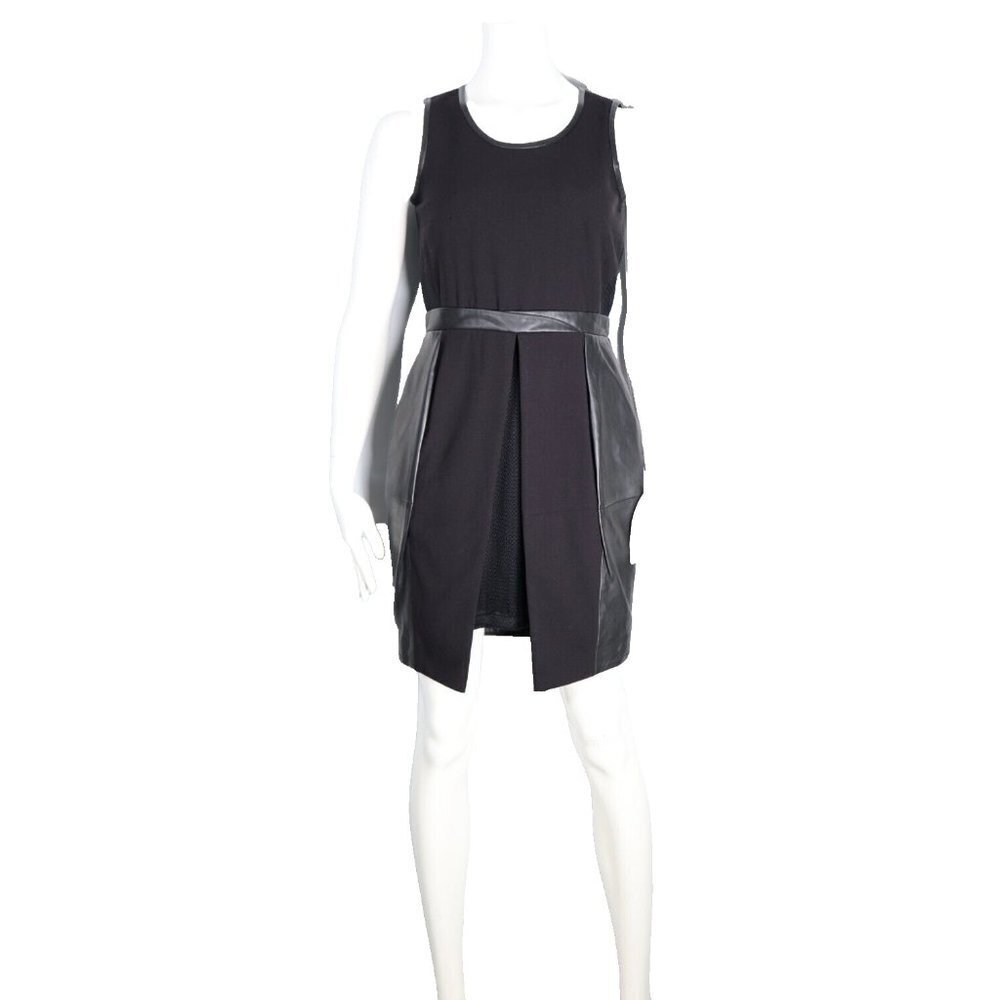 Lamarque Women Us4 S Black Sandy Dress Pleated Leather Front Slit Skirt Mini Nwt